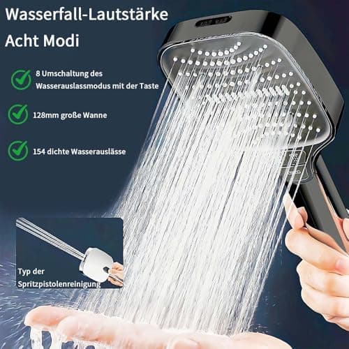 Duschbrause Duschkopf – Wassersparender Duschkopf mit 8 Strahlarten und Stoppfunktion, groß, Silber Chrom