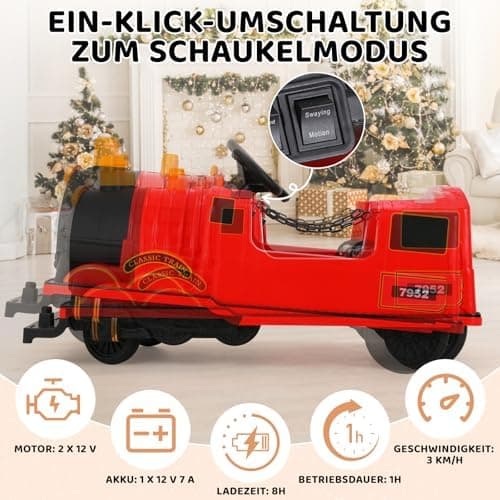 MAMIZO Elektro Zug mit Zugwaggon - Kinder Elektroauto 12V - für Kinder 3-8 Jahre - Schaukelmodus, Musik & Hupe - Rot