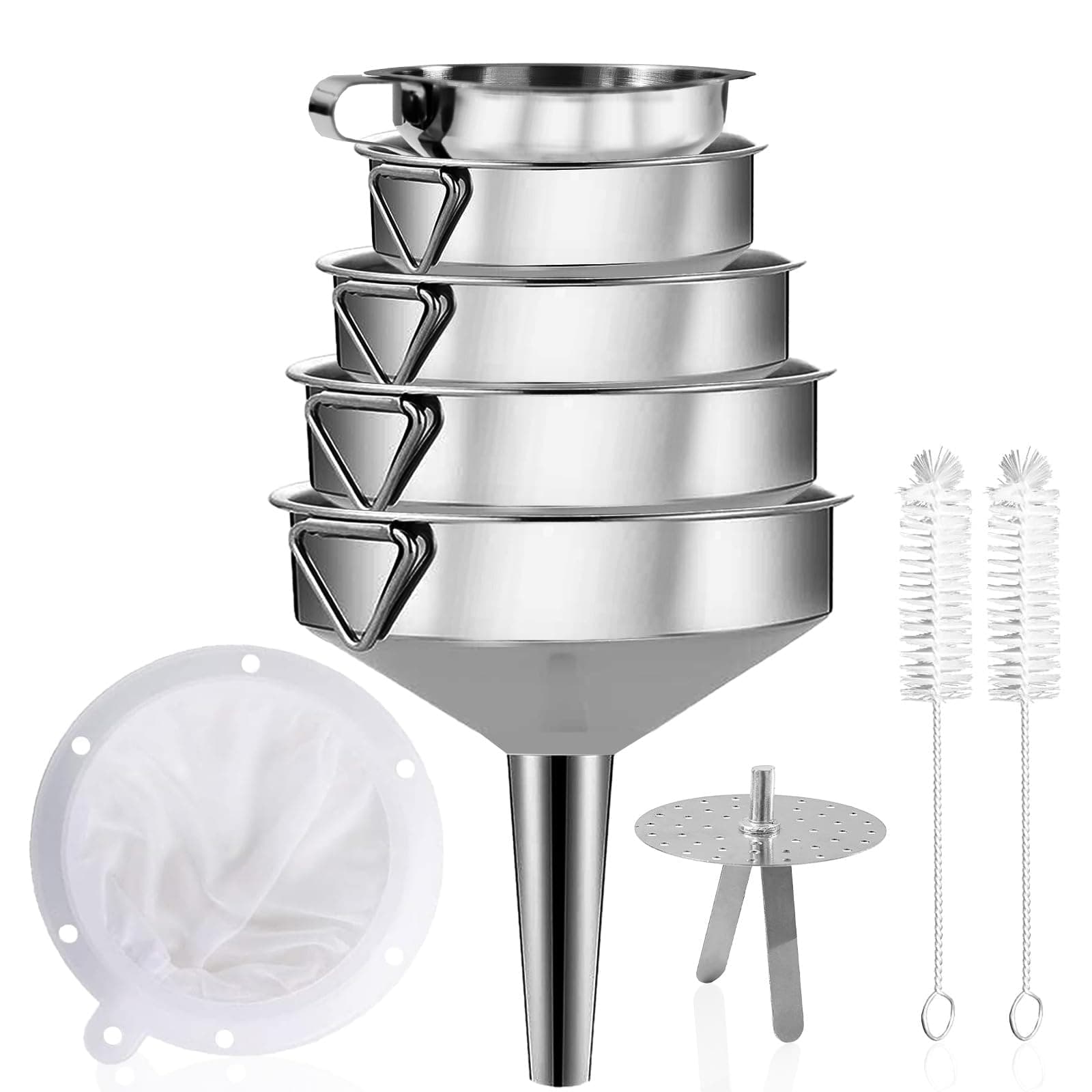 Edelstahl Trichter Set für Küche mit Griff und Sieb 200 Mesh Filter Reinigungsbürste Einfülltrichter 9 Stk