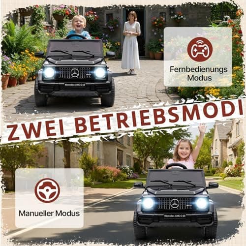 HAUSPROFI Kinder Elektroauto Mercedes AMG G63 Schwarz - Bluetooth, Musik und LED-Licht für 3+jährige Kinder