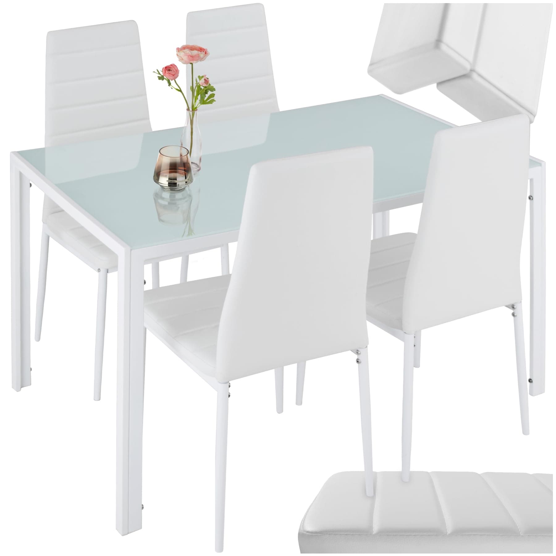Tectake Essgruppe Set Tisch und 4X Stuhl, für Küche, modern und praktisch, Sicherheitsglas-Tischplatte, strapazierfähige