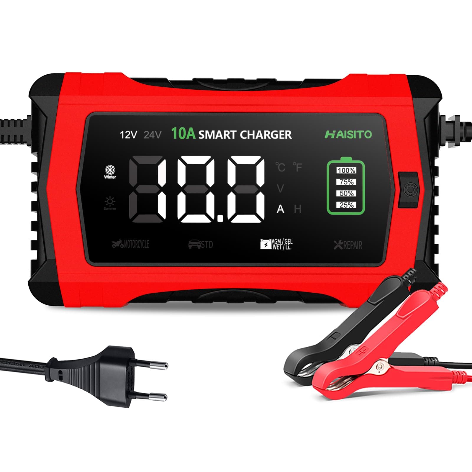 Haisito 12V/24V 10A LiFePO4 ErhaltungsladegerätAuto mit LCD-Temperaturkompensation