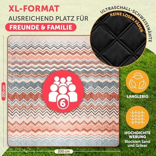 BlumtalPremium Picknickdecke wasserabweisend 200x200 cm - Outdoor-Decke Boho & Terrazzo Design - waschbar + weiche Zwisc