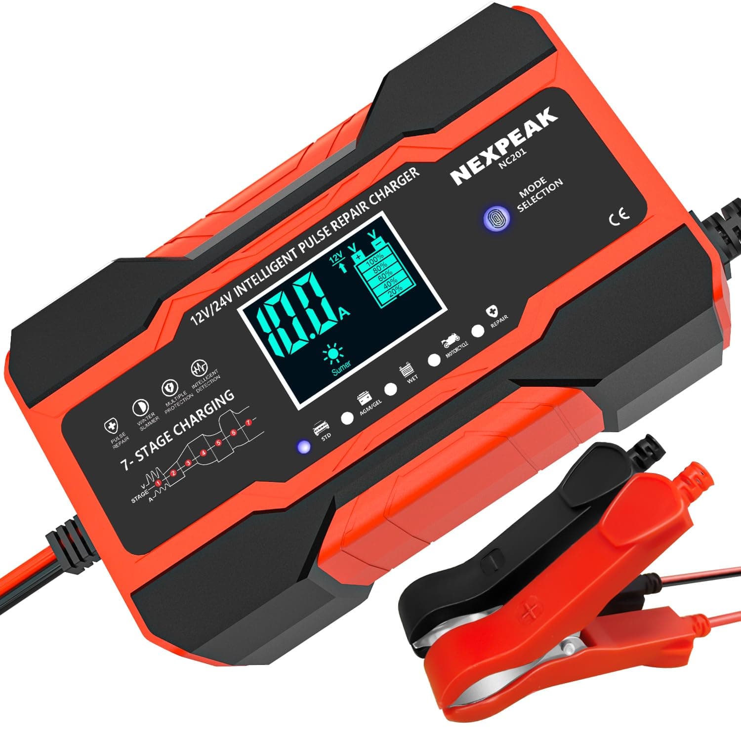 10A Autobatterie Ladegerät 12V/24V Smart vollautomatisch für Auto LKW Temperaturkompensation Rot