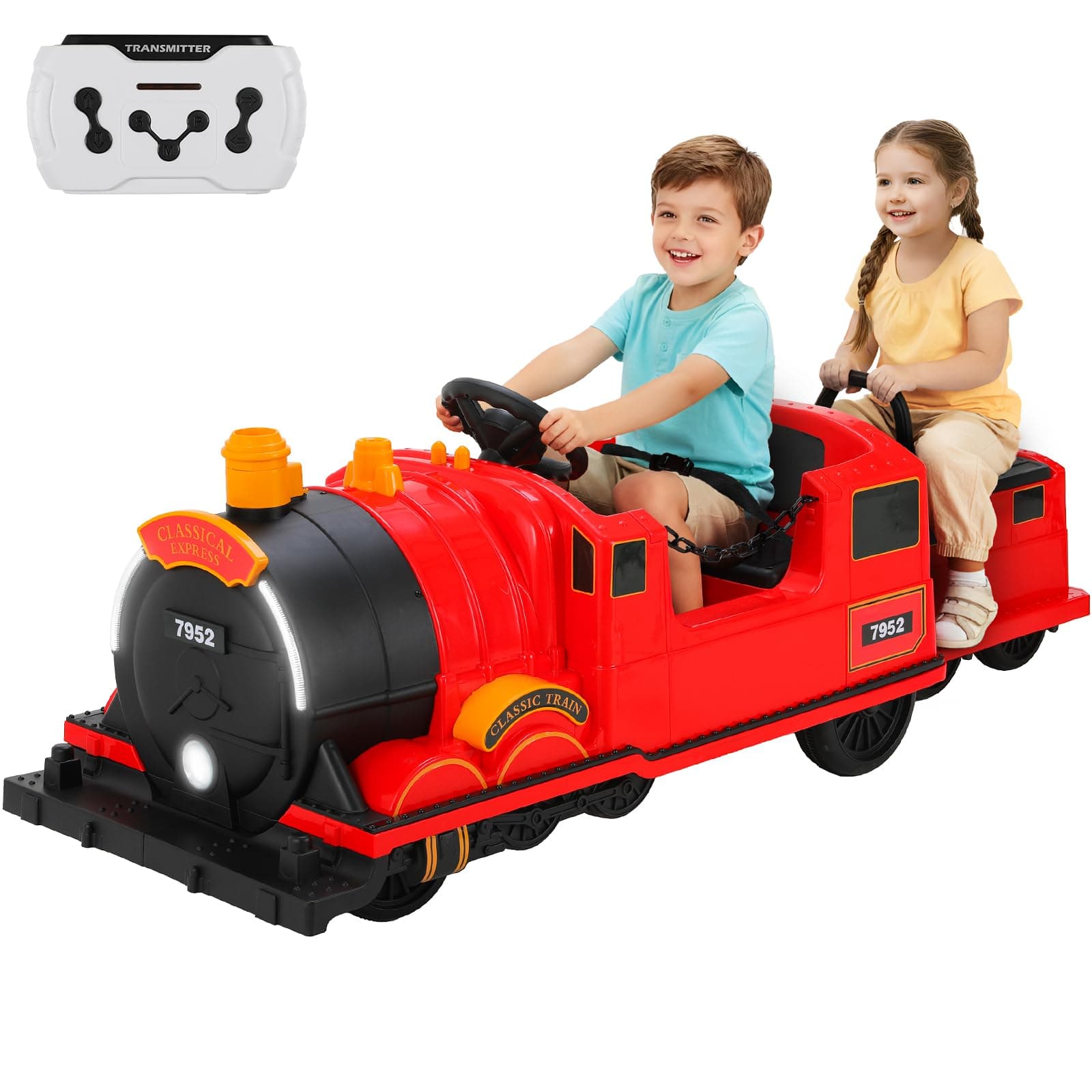 MAMIZO Elektro Zug mit Zugwaggon - Kinder Elektroauto 12V - für Kinder 3-8 Jahre - Schaukelmodus, Musik & Hupe - Rot