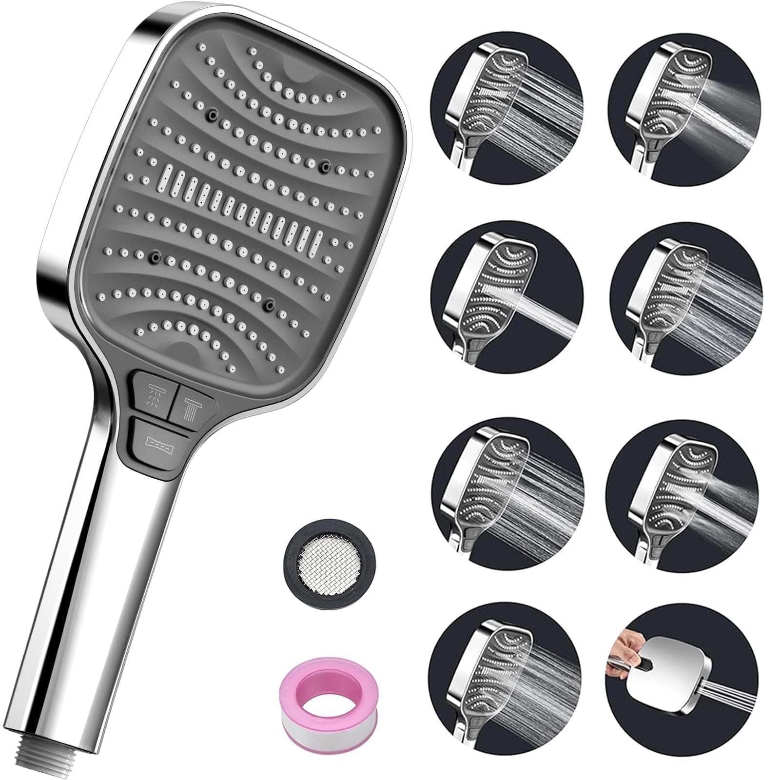 Duschbrause Duschkopf – Wassersparender Duschkopf mit 8 Strahlarten und Stoppfunktion, groß, Silber Chrom