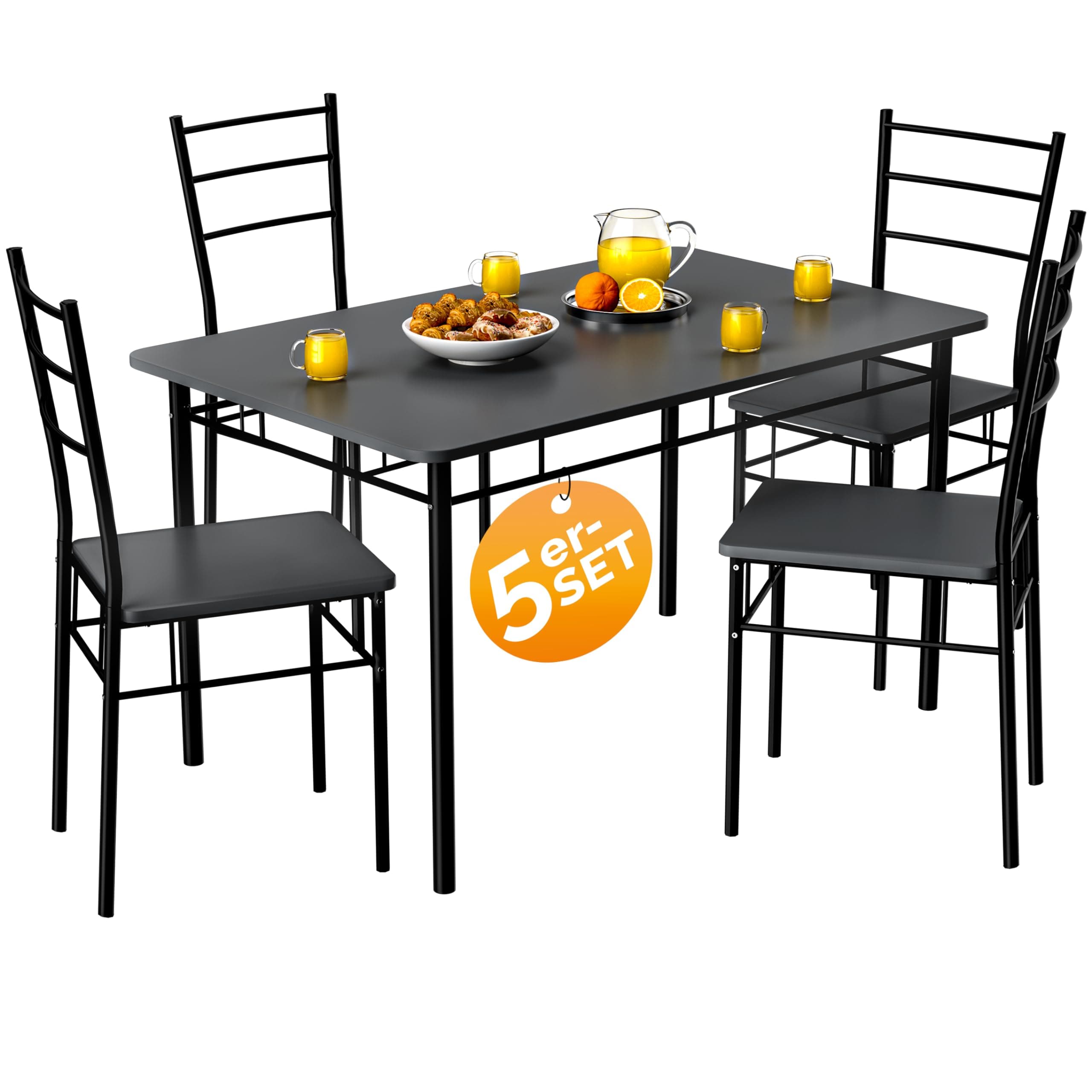 Casaria® Esstisch mit 4 Stühlen Industrial Modern Anthrazit 110x70cm.Set