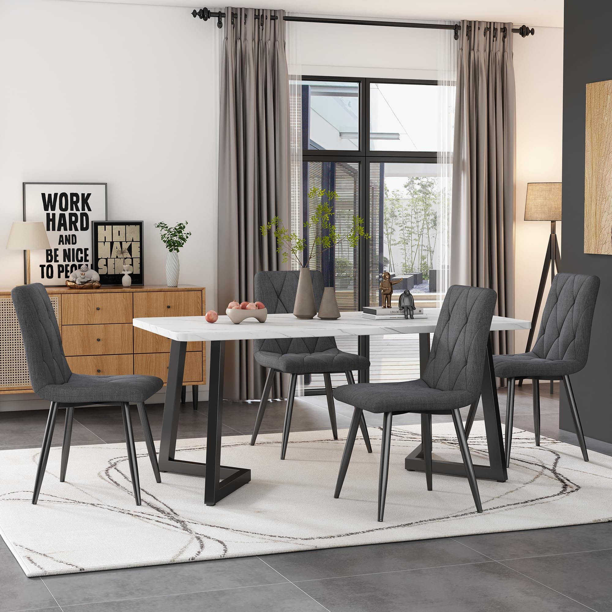 Modern Küchentisch Set Essgruppe 117x68cm Rechteckig 4 Stühle Dunkelgrau Twill Leinentuch(Schwarze Tischbeine)