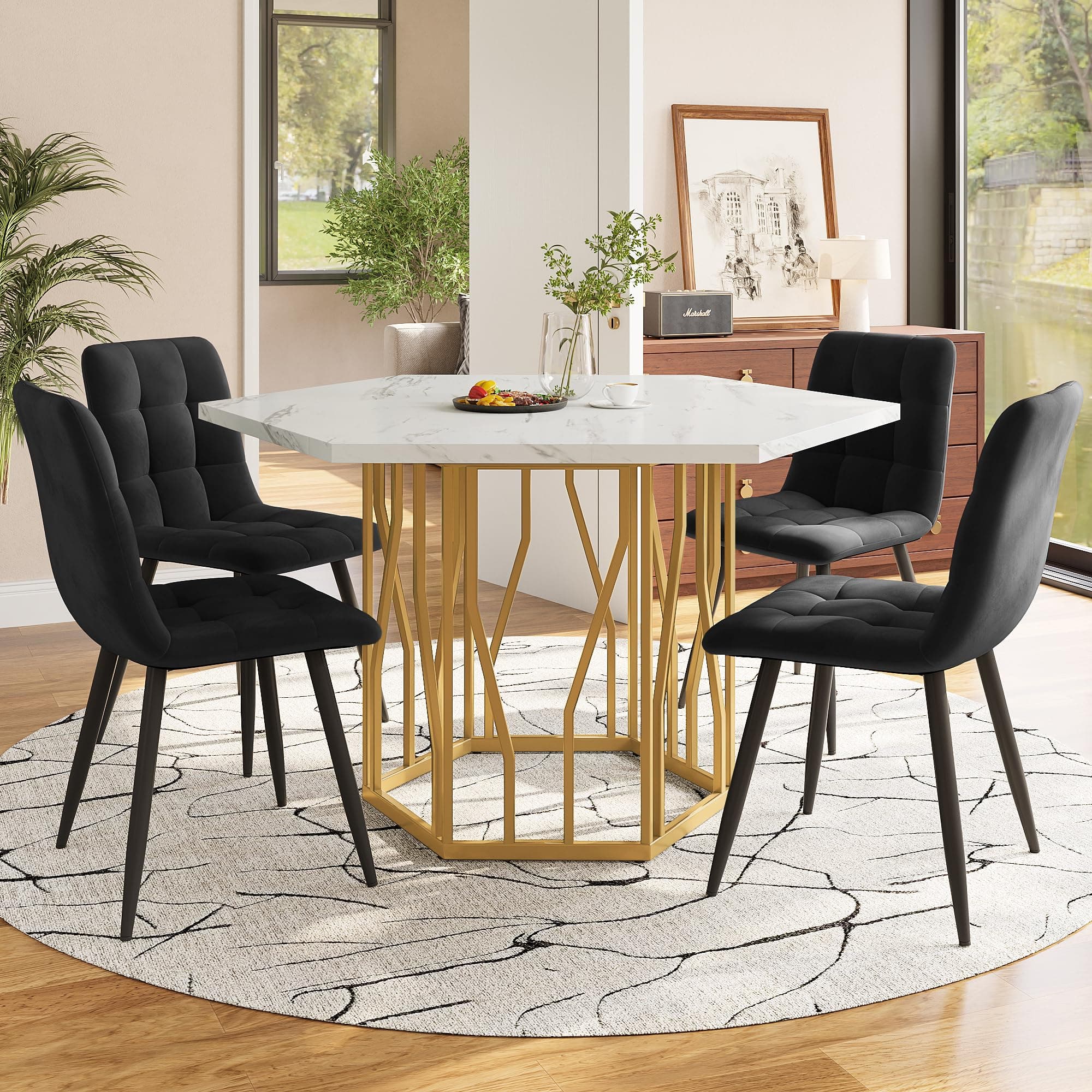 HAUSPROFI Schwarz + Gold Esstisch 5-teiliges Set Küchen Esszimmer Wohnzimmer Sechseckiger Esstisch 115.5x100x75cm mit 4