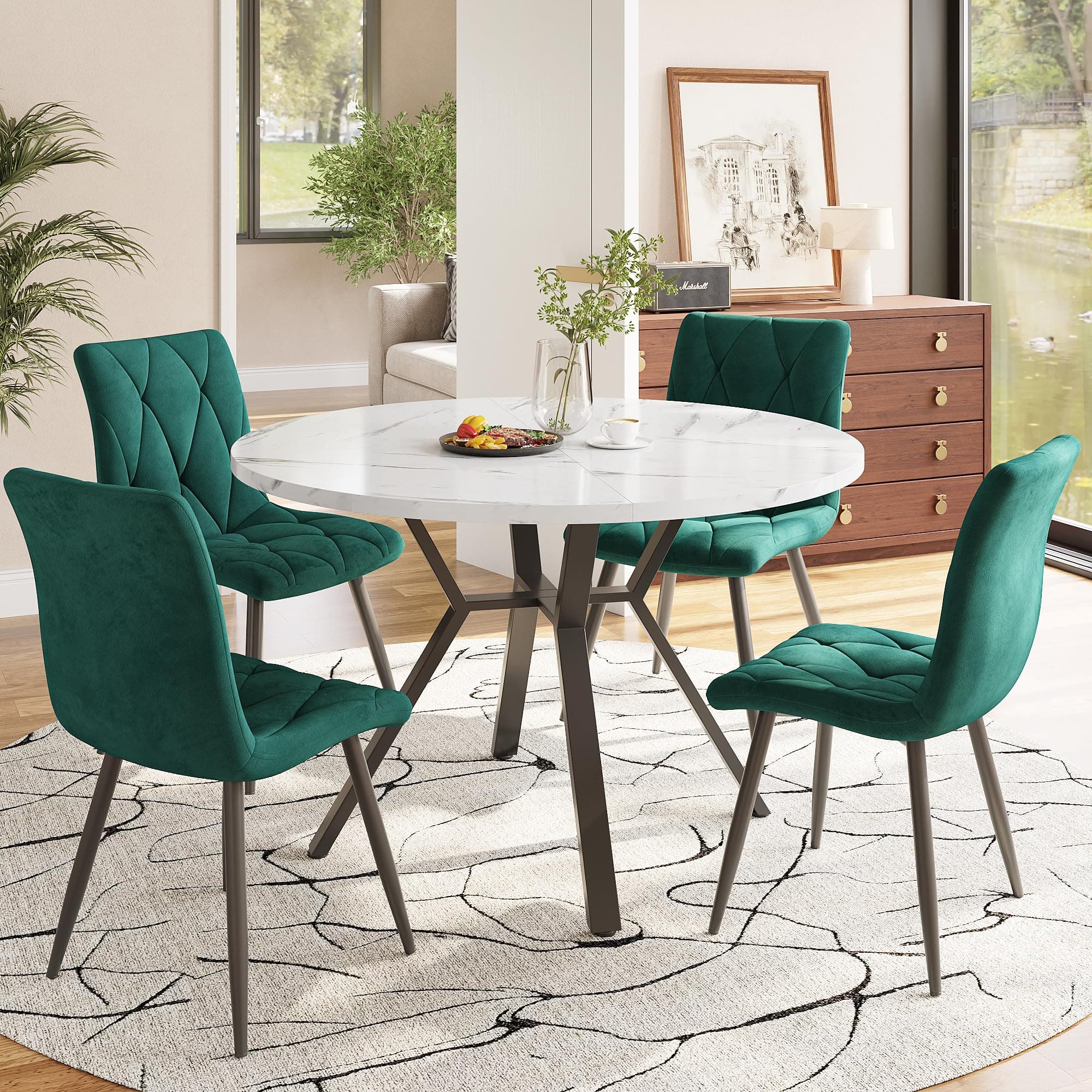 Runder Esstisch Set für 4 Personen mit Schwarzen Metallbeinen und Grün Samt Stühlen
| Esstrik Set Rund 100x100x75 cm 4