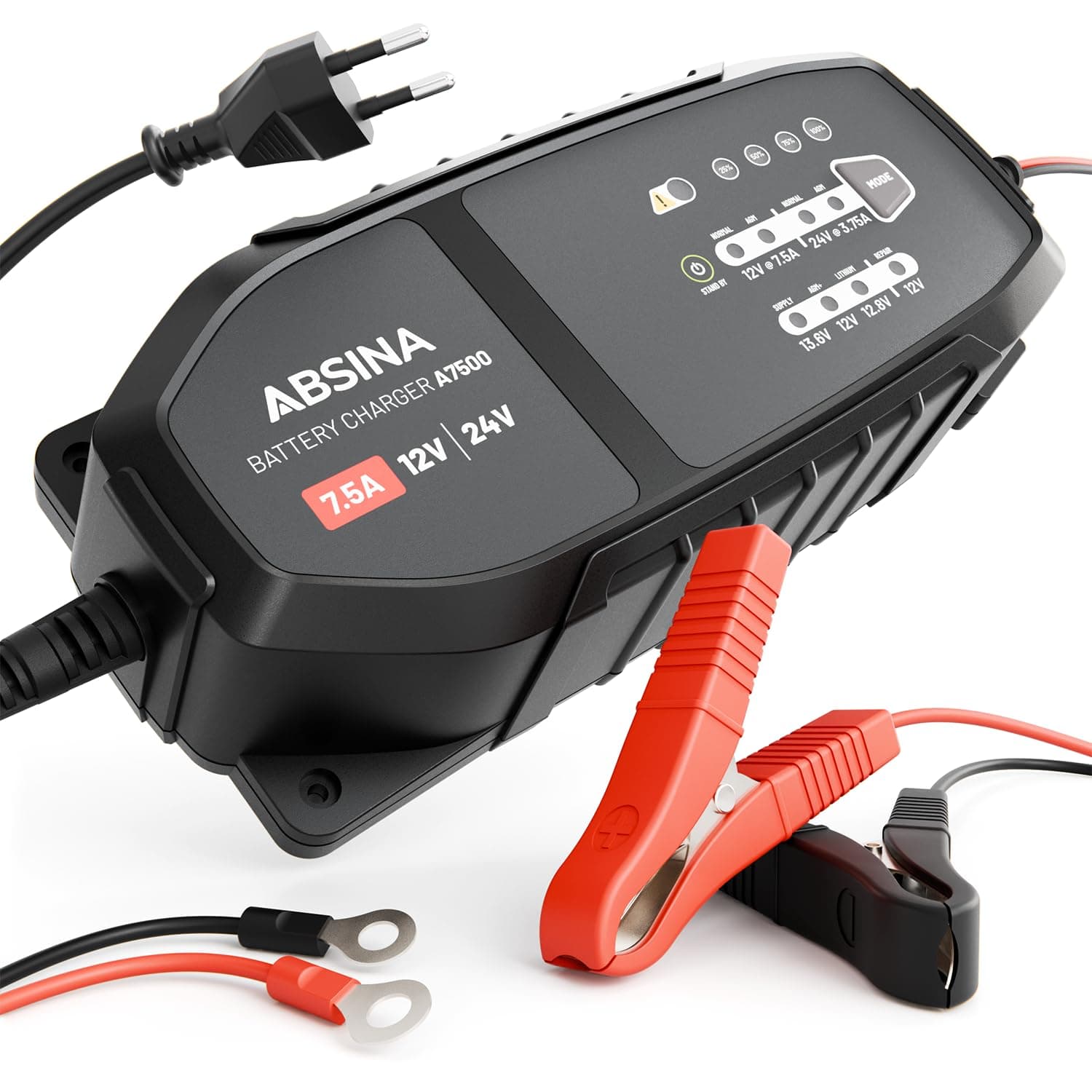 ABSINA 24V & 12V KFZ Batterieladegerät für Auto & Wohnmobil - 7,5 A Ladegeschwindigkeit / Erhaltungsladegerät bis 240Ah